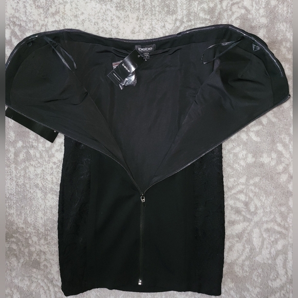 New Bebe Black Mini Dress, Zip Front, Lace Side Panel, Bustier, Size S. - Picture 6 of 11